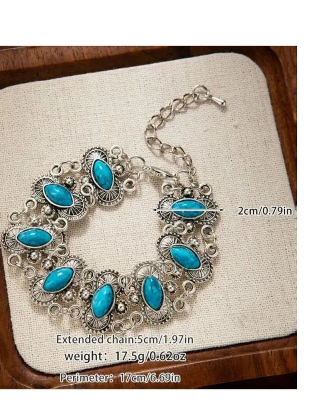 Vintage Bohemian Turquoise Marquise Link Bracelet Southwestern Filigree Jewelry - Picture 4 of 4